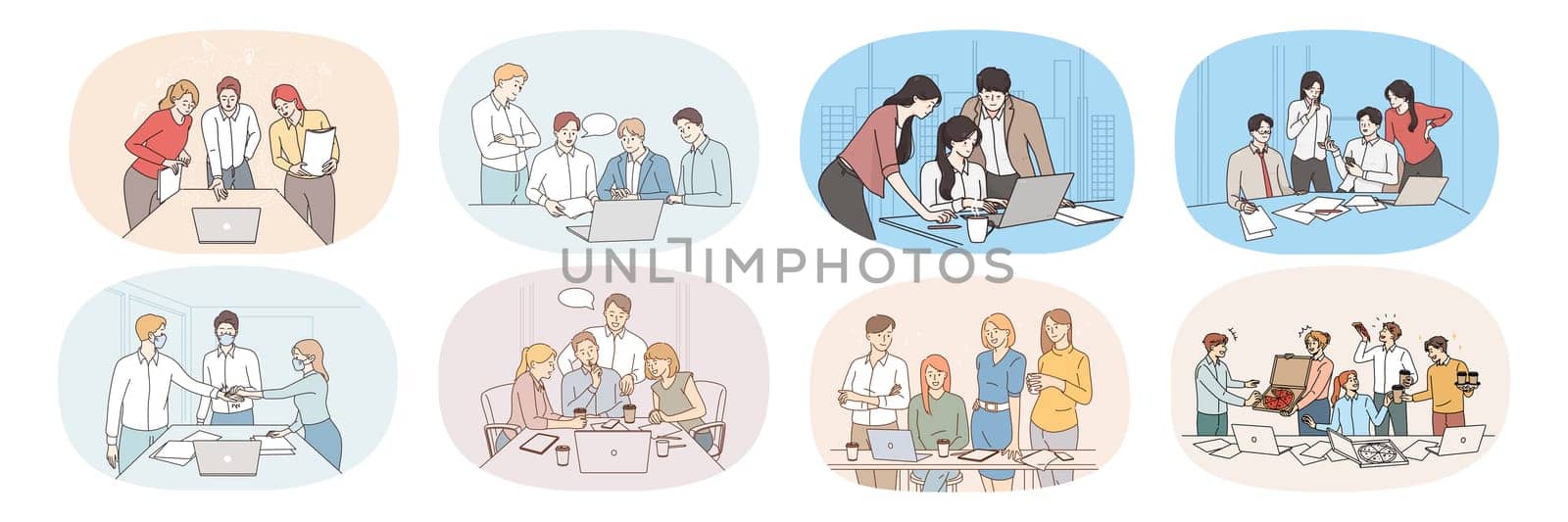 Set of businesspeople team work together at group meeting in office. Collection of diverse employees or workers cooperate discuss ideas at briefing. Teamwork concept. Vector illustration.
