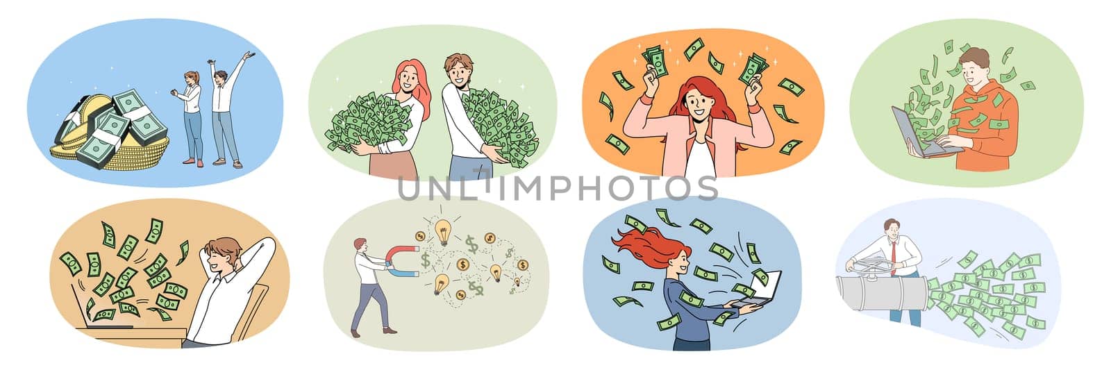 Set of overjoyed diverse people with stacks of money excited with lottery win or victory. Bundle of happy men and women get dividend from successful investment. Finance, bank. Vector illustration.