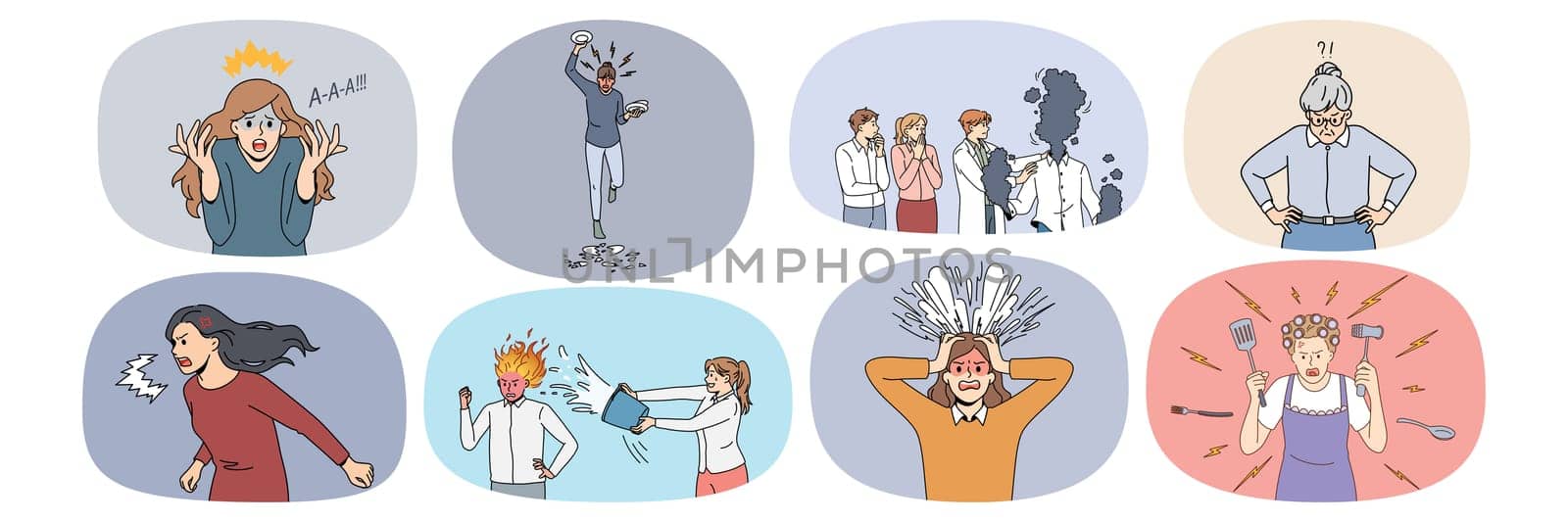 Collection of furious people yell unable to control emotions