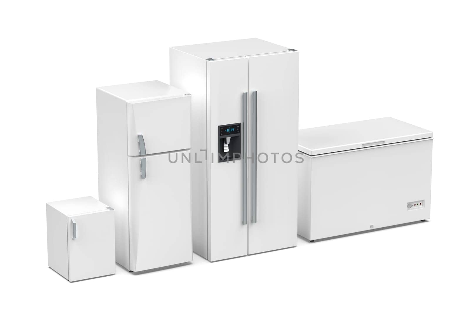 Group of four different refrigerators on white background