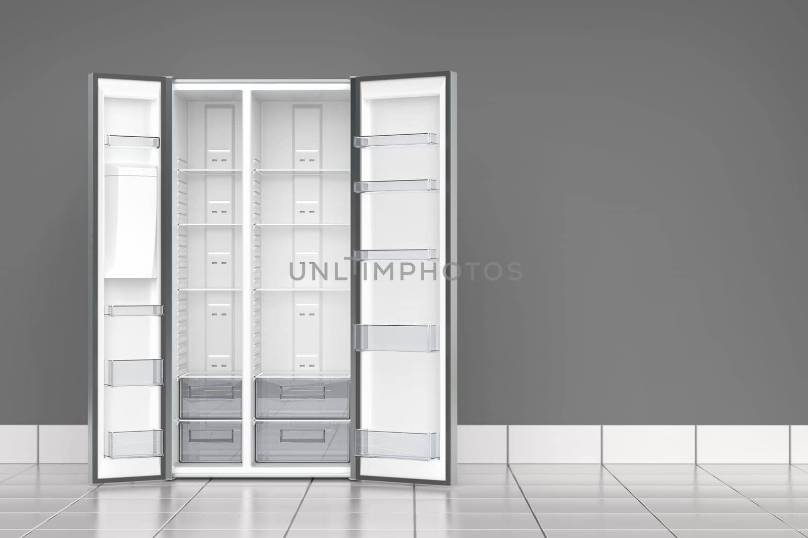 Empty big refrigerator in the kitchen, front view