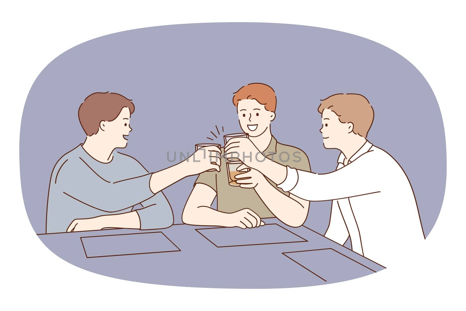 Happy guys at table in bar cheers with glasses celebrate have friday fun together. Smiling young men make toast relax in restaurant on weekend with alcohol. Flat vector illustration.