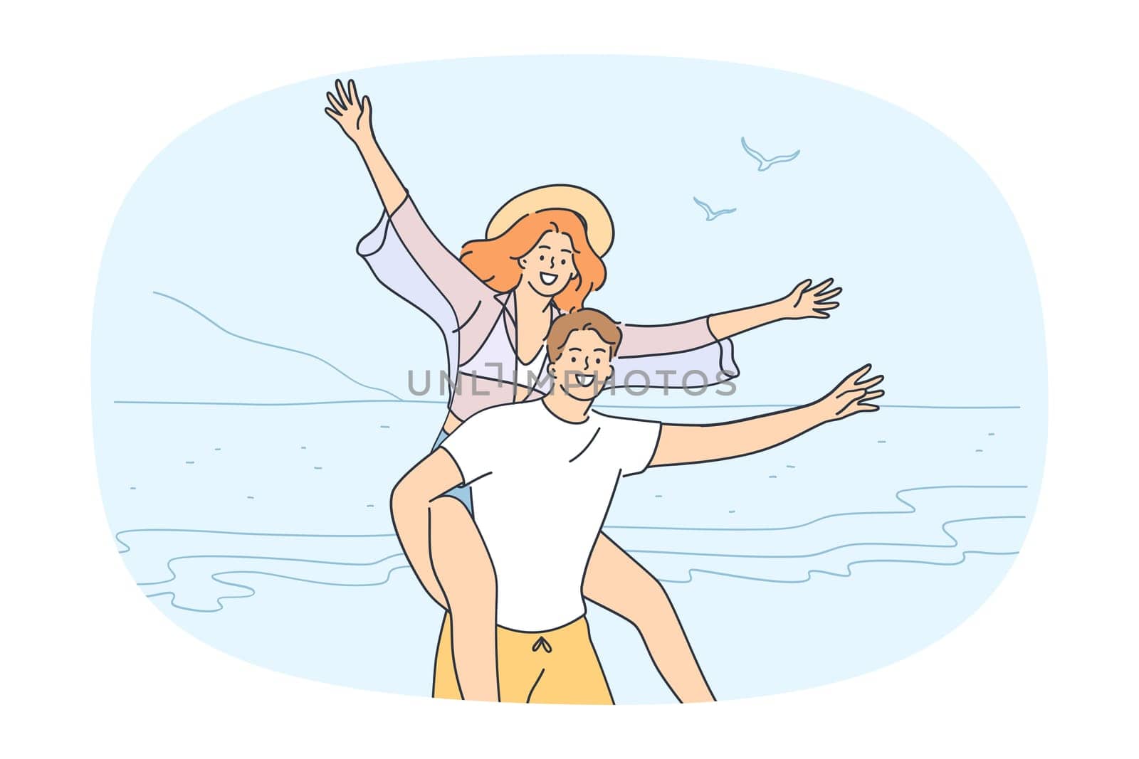 Overjoyed young couple have fun relax on beach enjoy summer holidays together. Smiling woman piggyback excited man lover spend vacation on sea or ocean. Flat vector illustration.