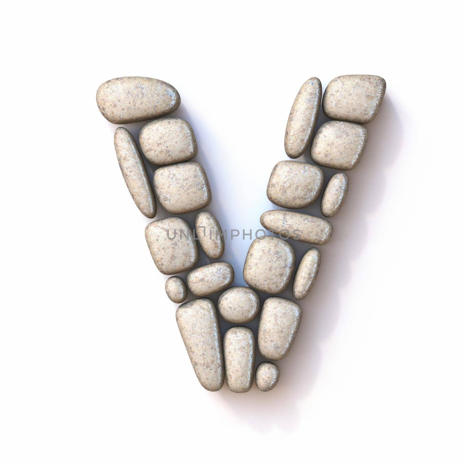 Pebble font Letter V 3D rendering illustration isolated on white background