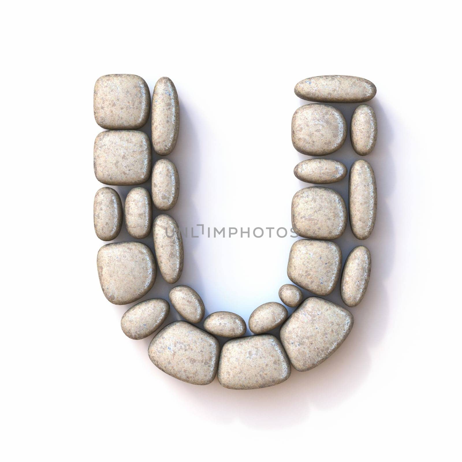 Pebble font Letter U 3D rendering illustration isolated on white background