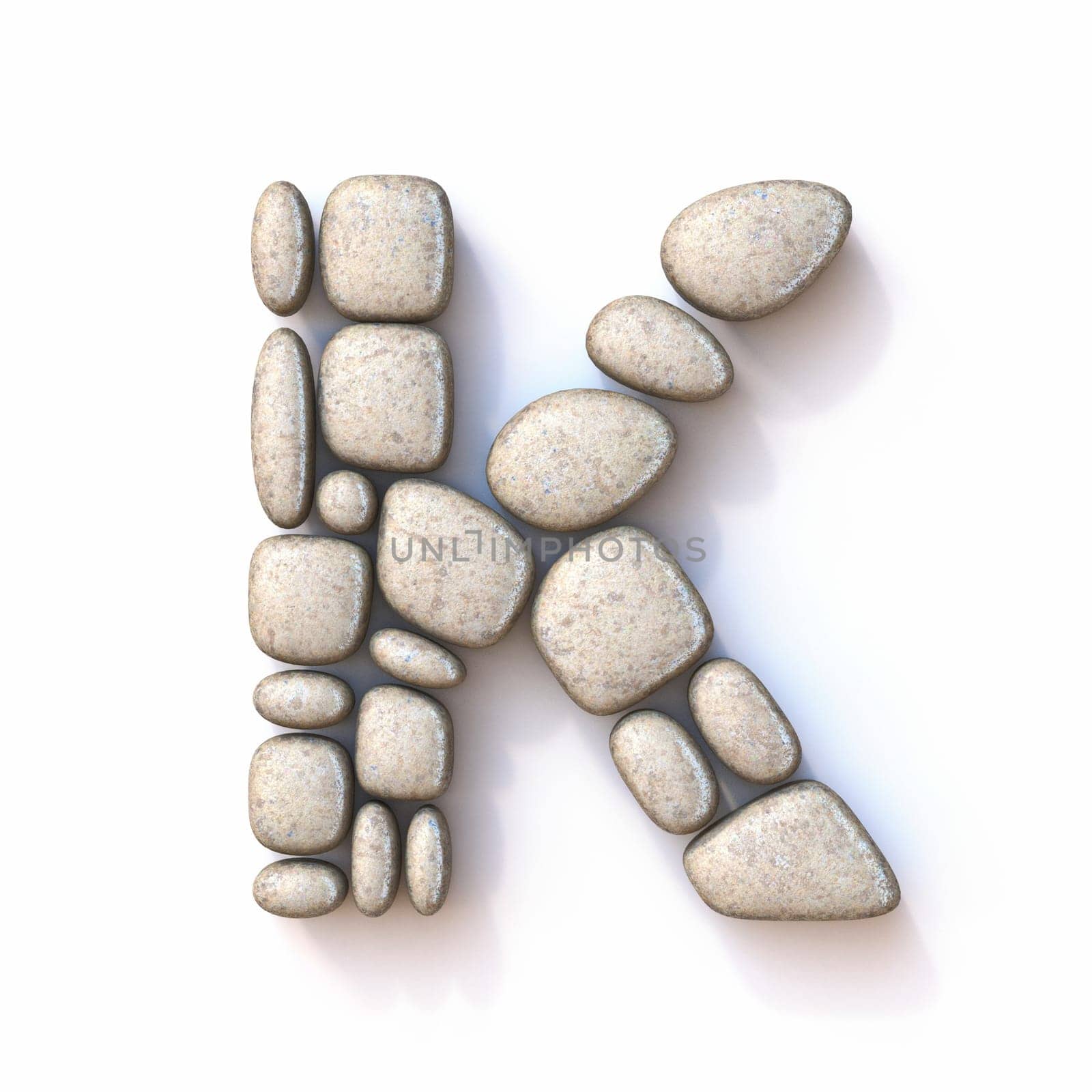 Pebble font Letter K 3D rendering illustration isolated on white background