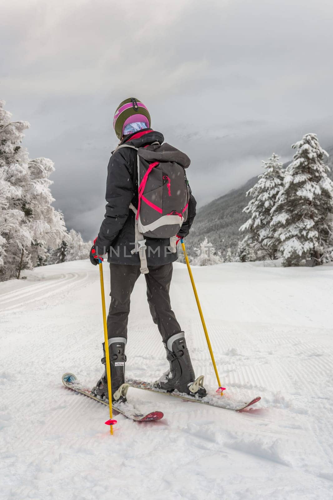Woman with black ski wear, helmet and backpack skiing down the top of the mountain in ski centre, stryn with clouds and trees in the background, rear view, vertical