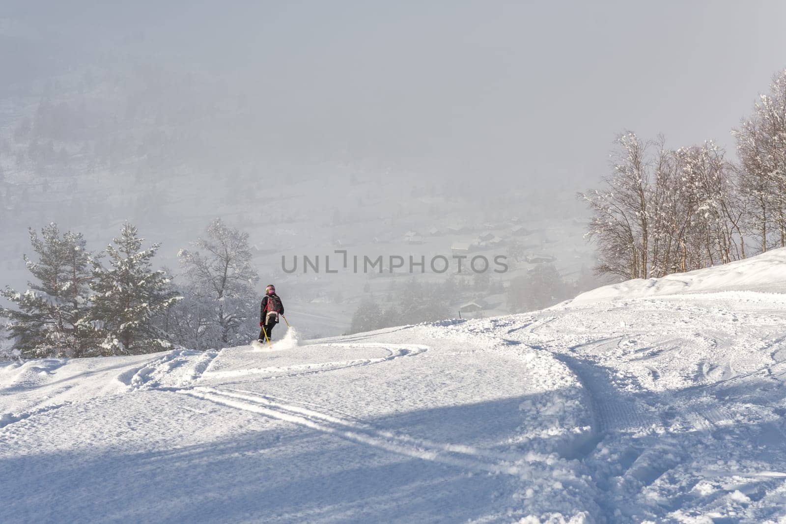 Woman with brown hair, wearing black ski wear and helmet skiing down the top of a mountain, rear view, beautiful snow landscape with trees, valley in the distance, fog, horizontal