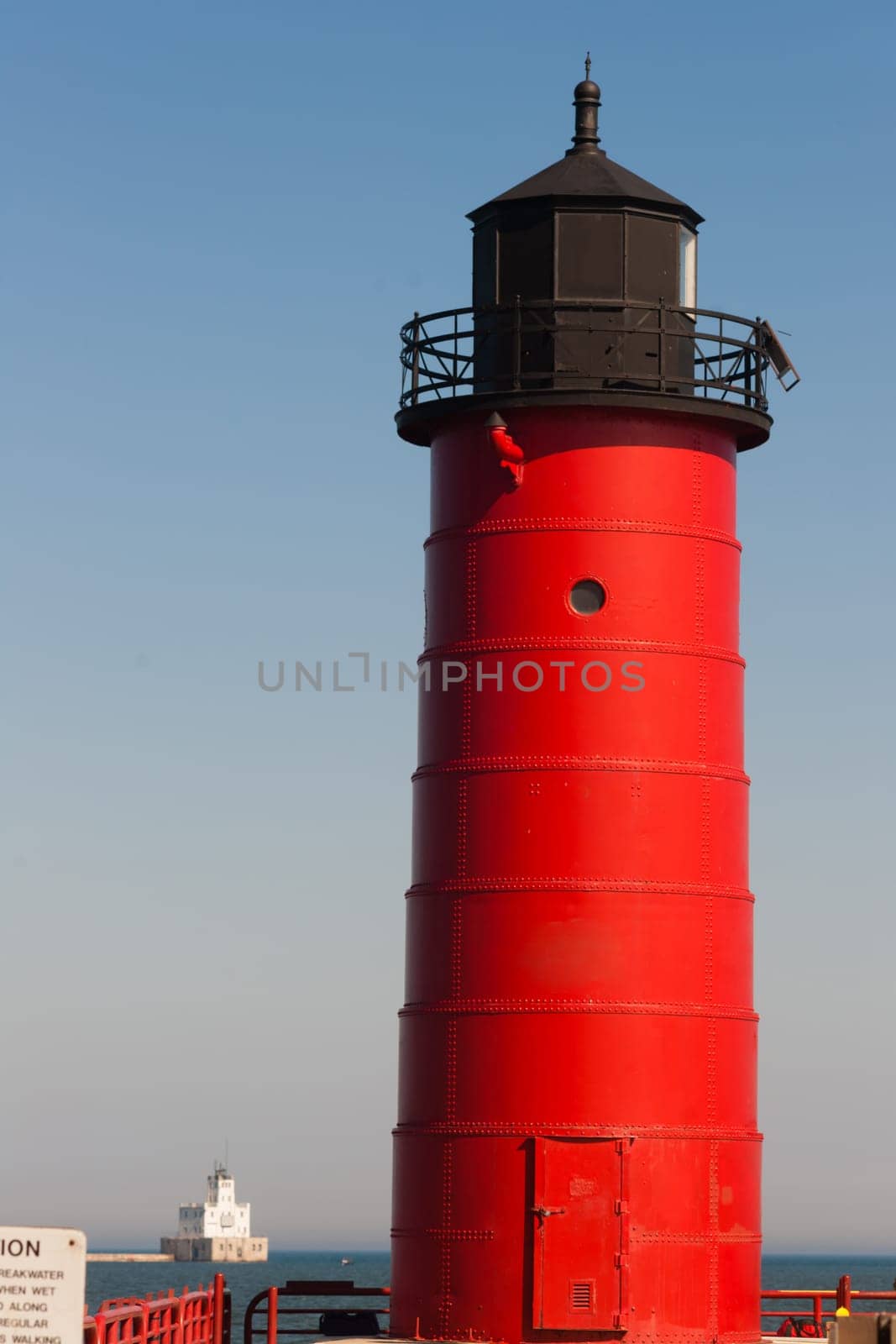 Two lighthouses that guard the harbor in Milwaukee, Wisconsin