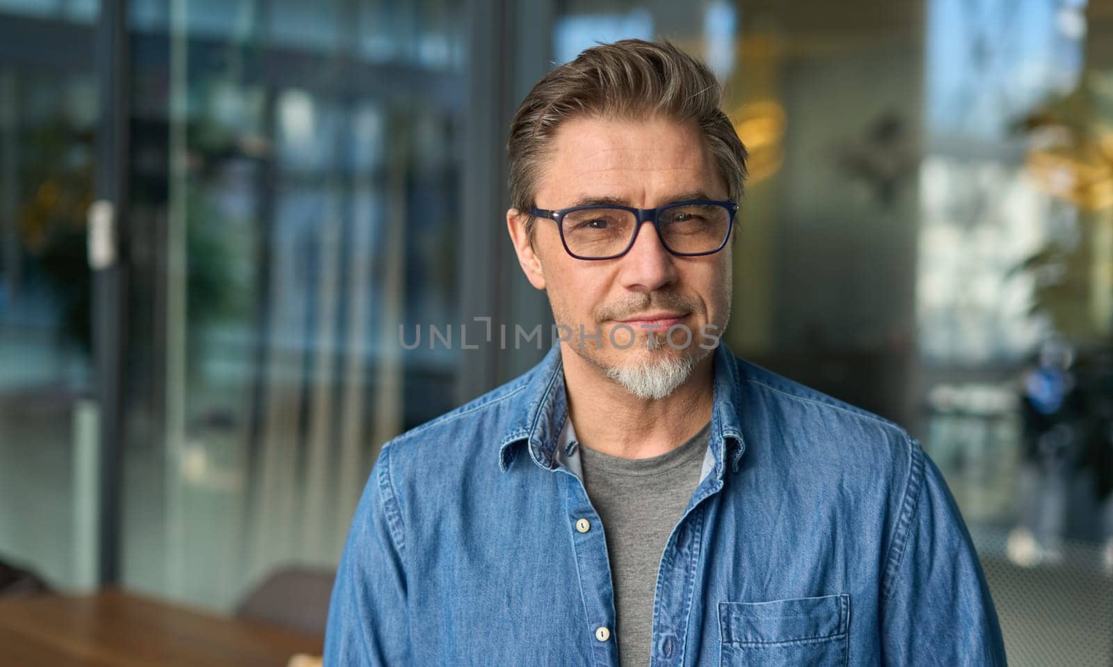 Portrait of happy middle aged man in glasses, standing in office lobby wearing casual shirt.