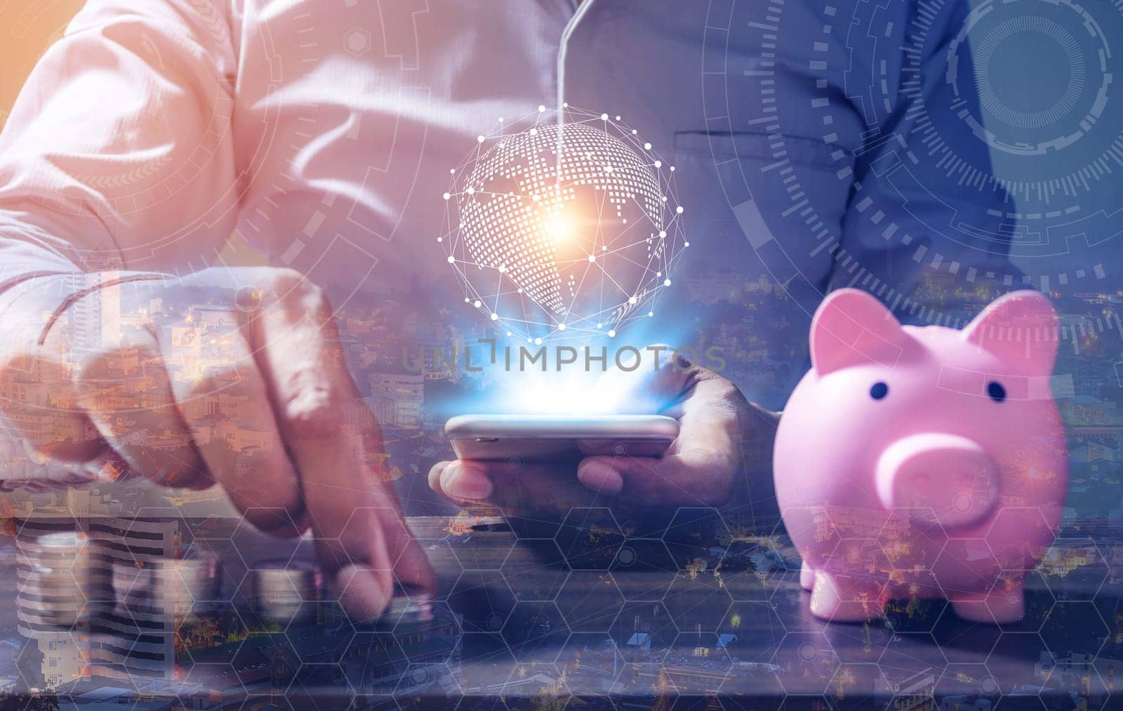 Double Exposure, Online Banking Savings Concept, Online Investment Savings, Online Stock Investors, Internet Financial Transactions, Save Monney for Investors Using Internet to Trade Stocks or Trade Fund