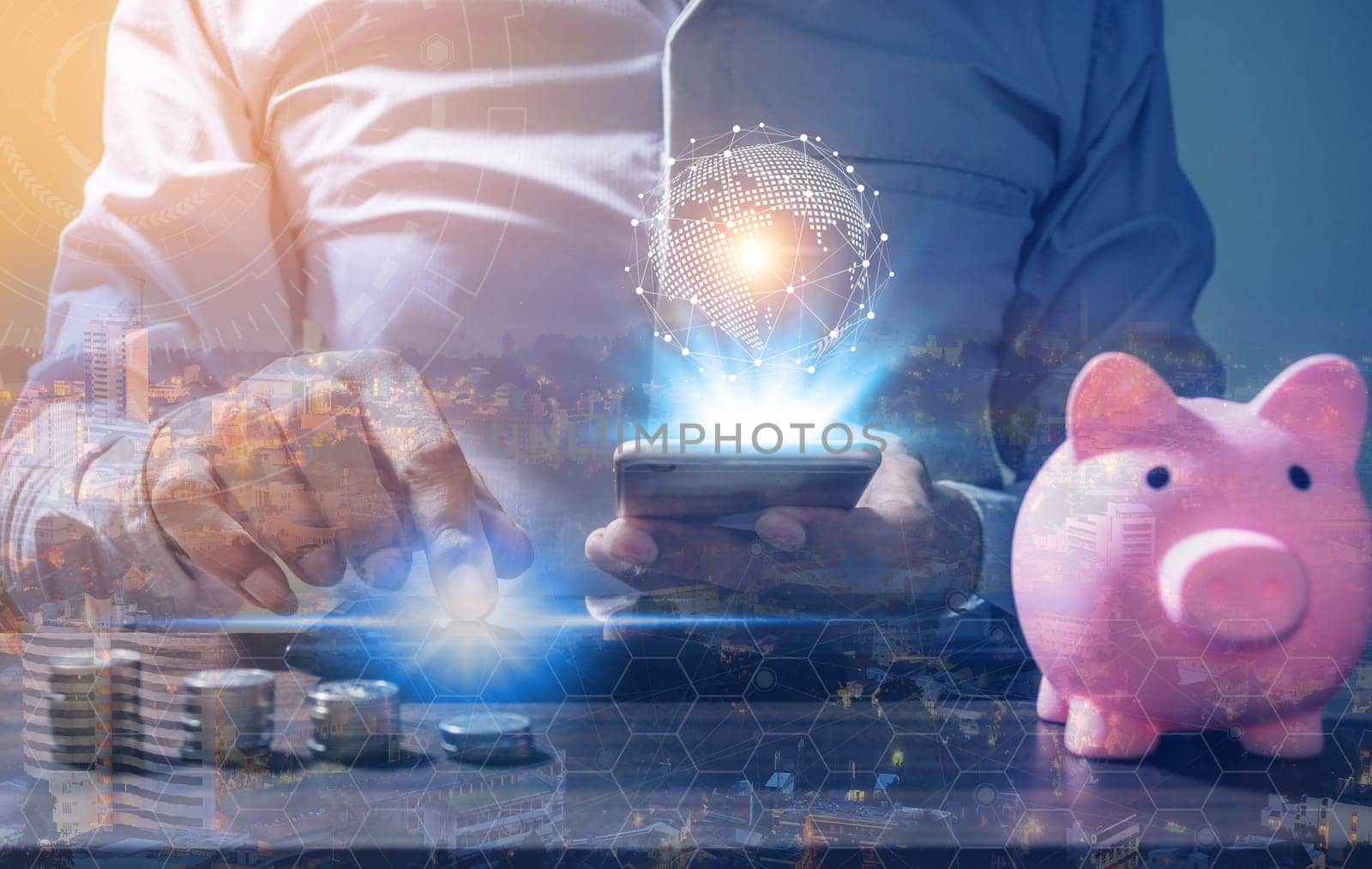 Double Exposure, Online Banking Savings Concept, Online Investment Savings, Online Stock Investors, Internet Financial Transactions, Save Monney for Investors Using Internet to Trade Stocks or Trade Fund
