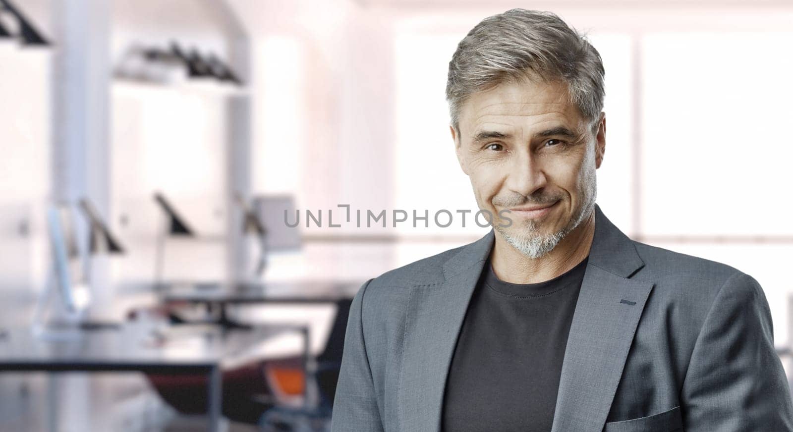 Business portrait - confident businessman in office. Trustworthy older man in his 50s with gray hair. Copy space.