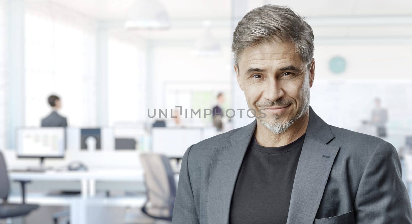 Business portrait - confident businessman in office. Trustworthy older man in his 50s with gray hair. Copy space.