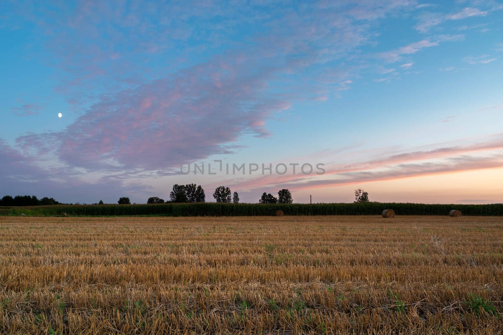 A stubble field and evening clouds after sunset, Nowiny, Poland