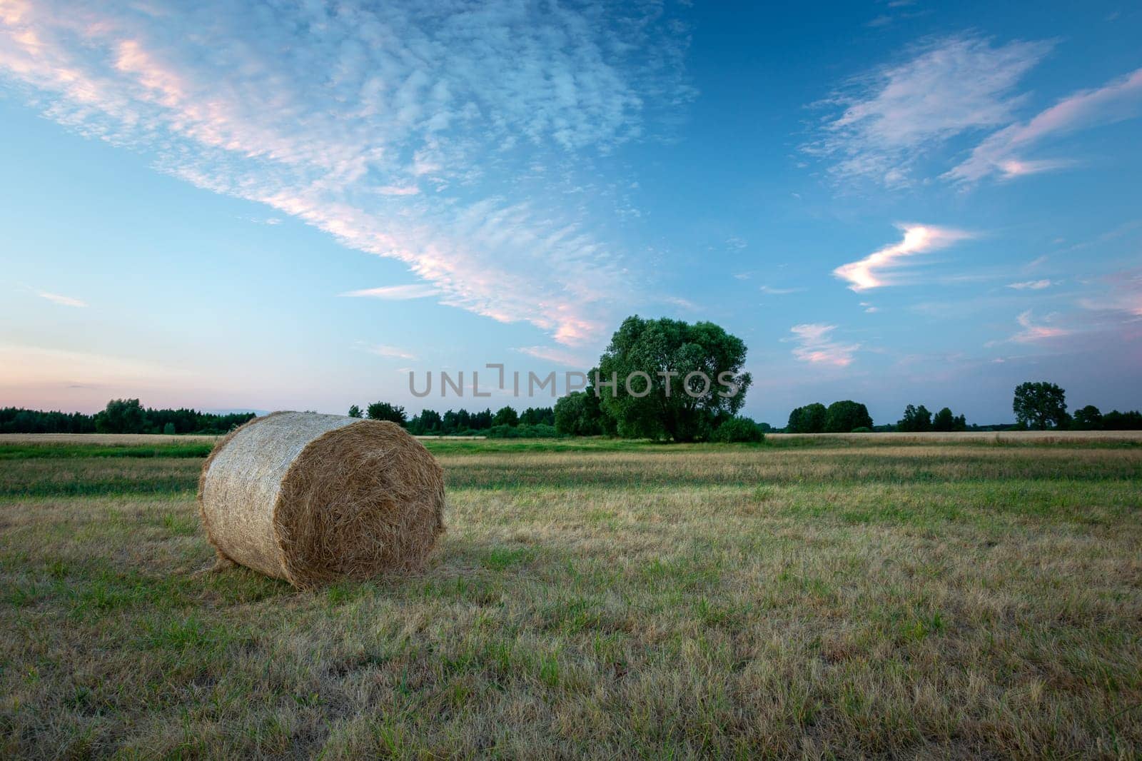 A single bale of hay on a meadow and the evening sky, Nowiny, Poland
