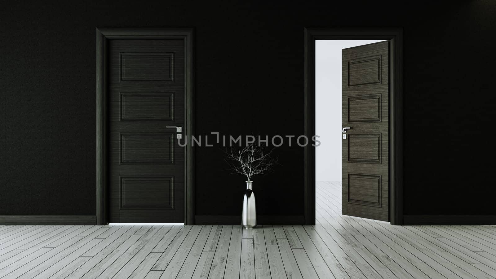 Black wall with black opened door and closed door, white wooden floor, chrome vase and dry plant realistic 3D rendering