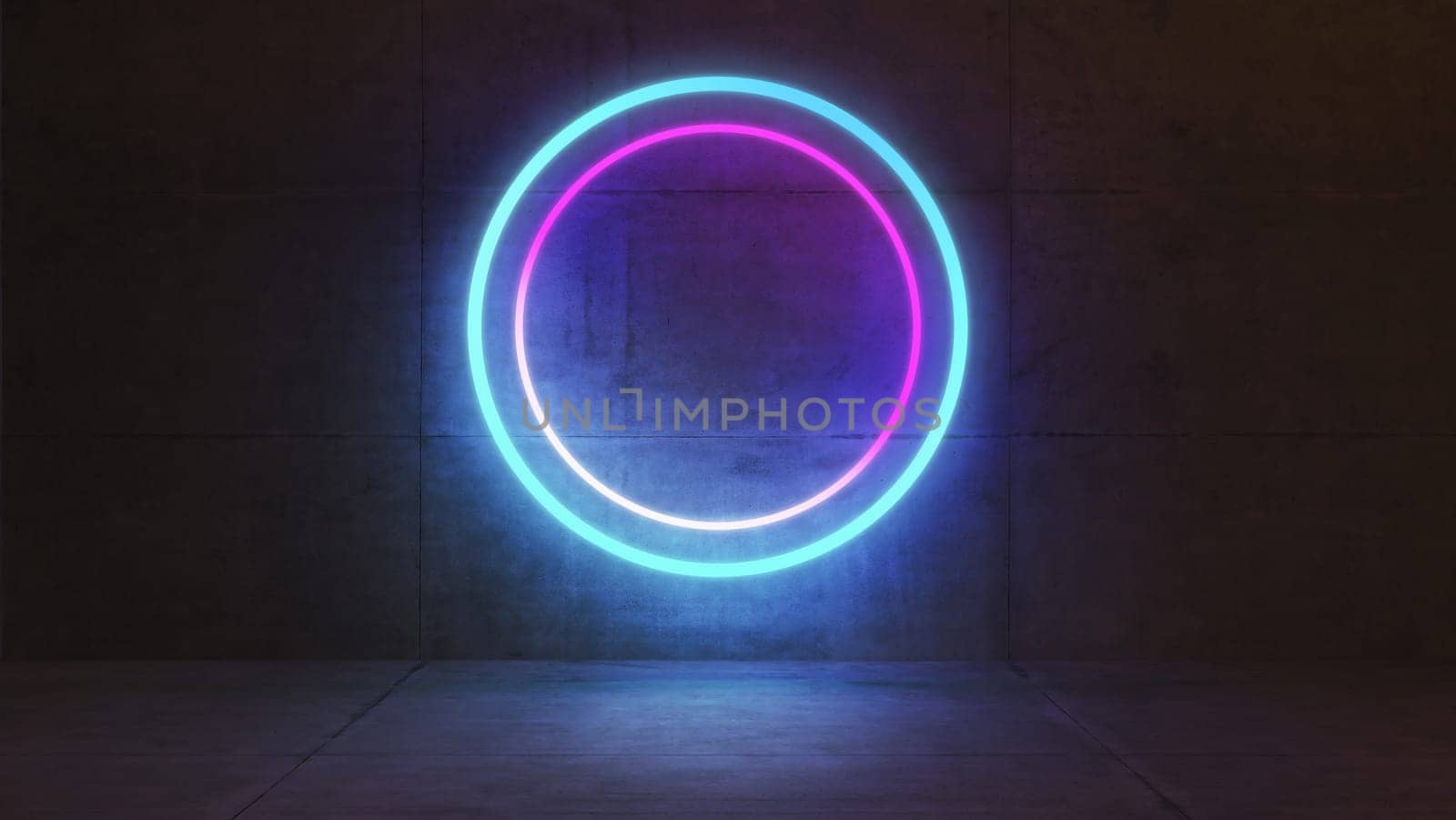 concrete wall and floor product platform and neon circular rings on concrete wall 3D rendering