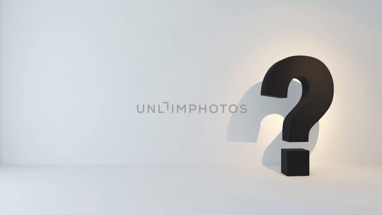 Question marks concept background, black question mark with shadow under light realistic abstract 3D rendering