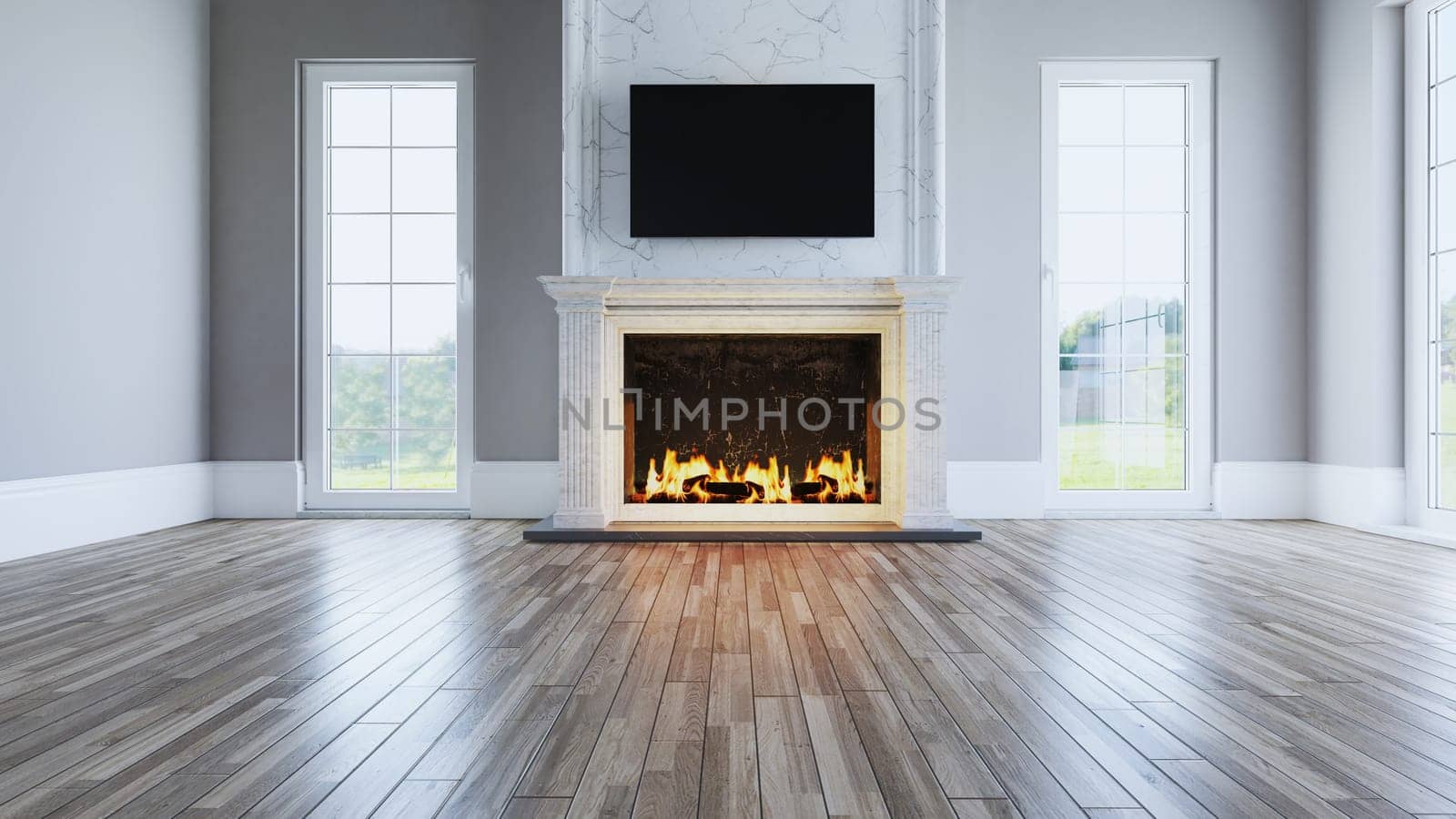 Marble fireplace concept designed in classical architecture in the empty living room with wooden floor and painted wall concept 3D rendering