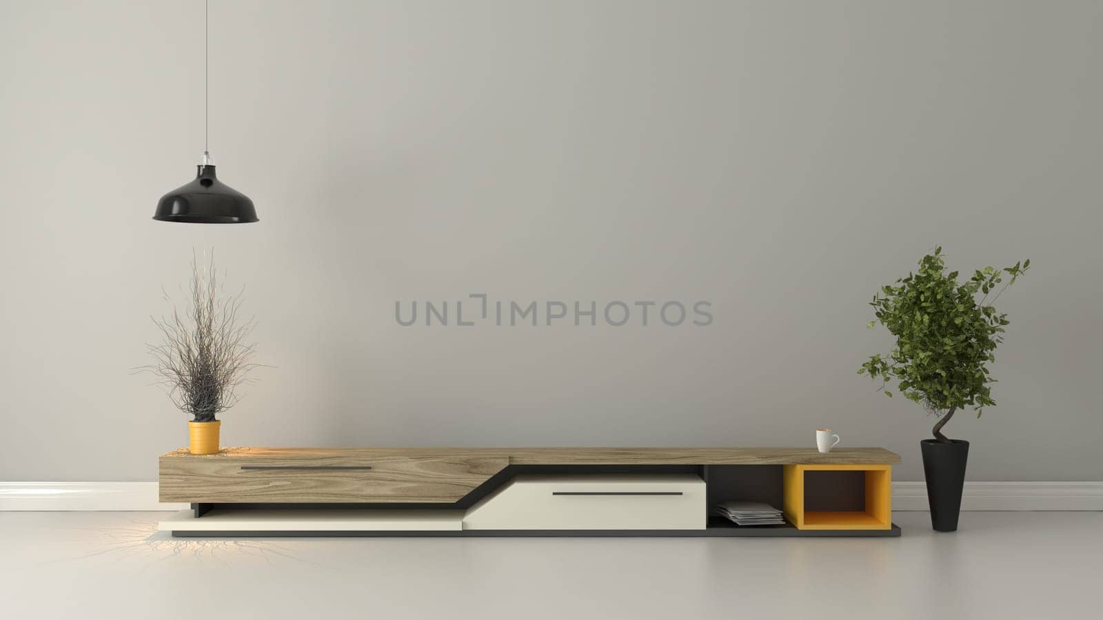 tv room with modern wooden tv unit design and lighting concept 3D rendering