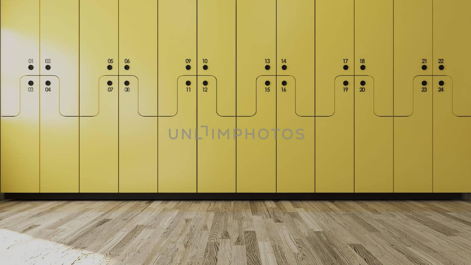 Yellow wooden numbered Student locker in modern empty classroom concept 3D rendering.