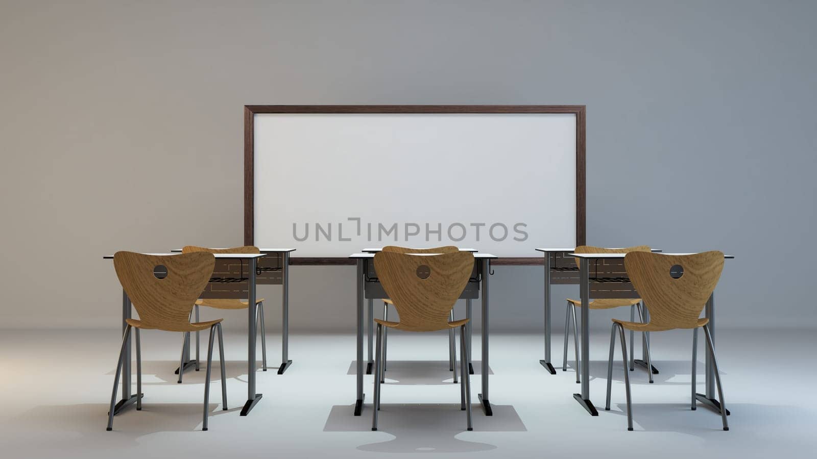 empty modern classroom concept with wooden desk, chair and white board background 3D rendering