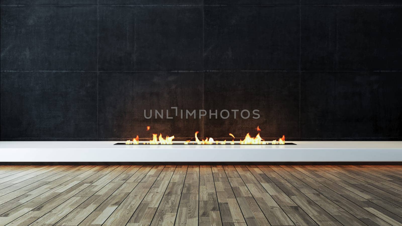 Modern fireplace design idea with dark concrete wall and wood parquet veneer flooring for home and office place. 3D rendering
