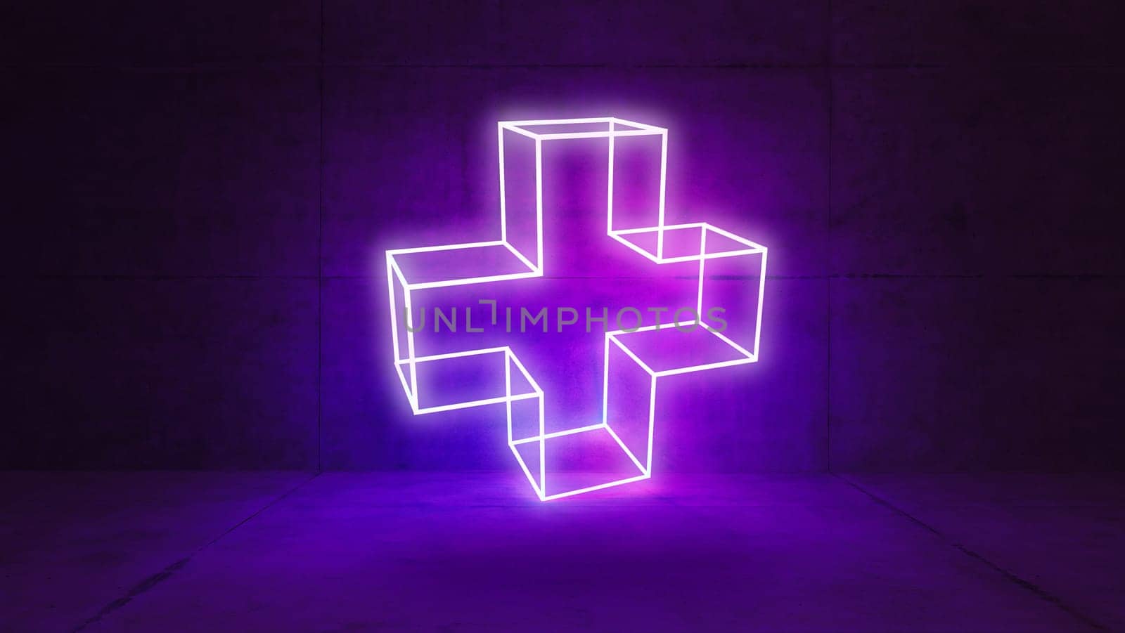 Plus sign concept illuminated by led neon light in concrete wall and floor room 3D rendering