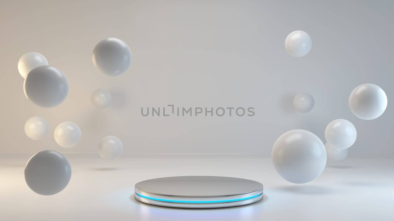 Product display area concept created with globe shapes and chrome circular neon illuminated stand idea background 3D rendering
