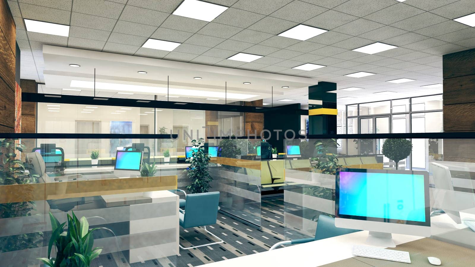 Large open space office perspective interior design realistic 3D rendering