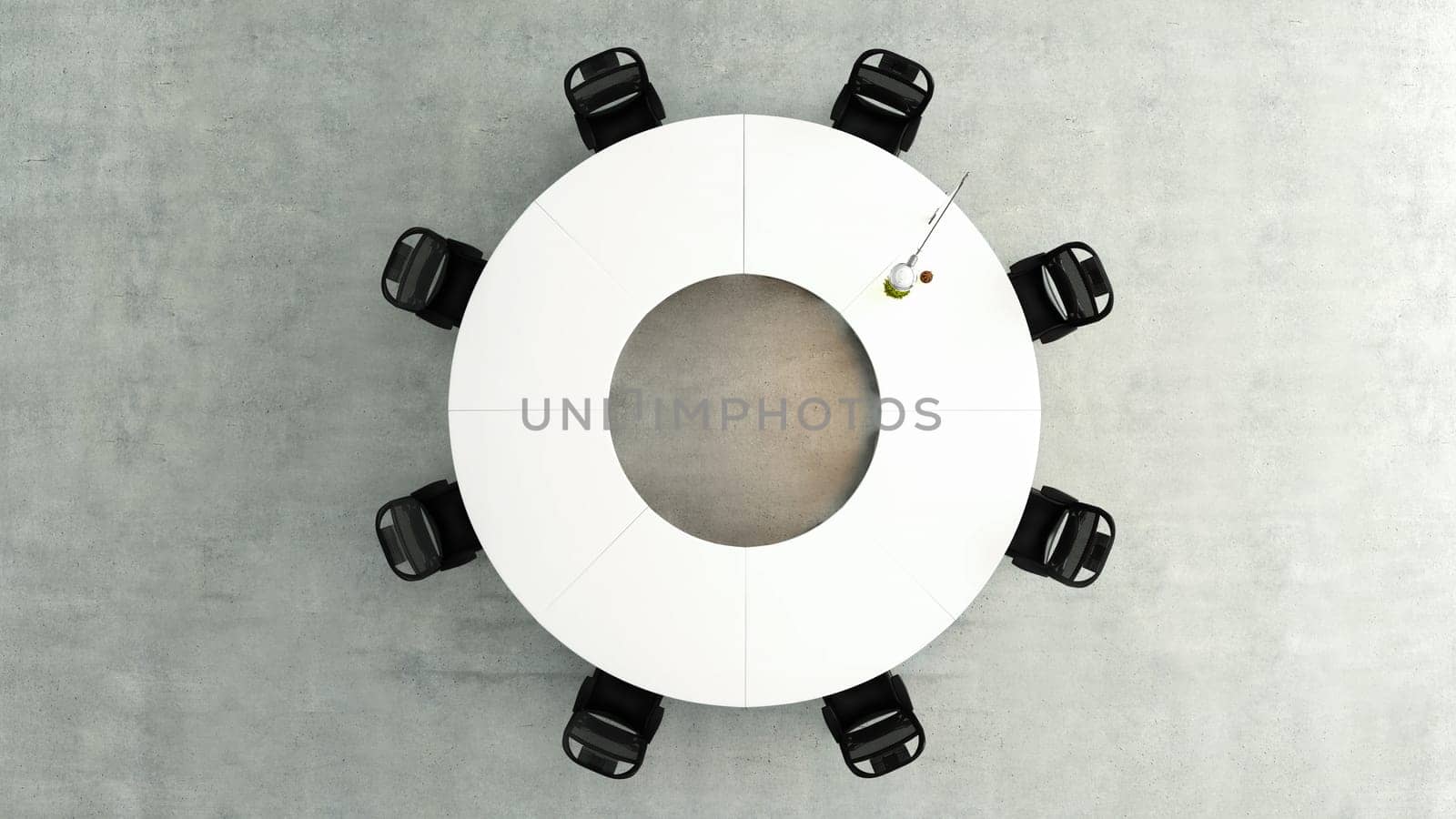 modern circular meeting table top view with office chairs and concrete floor concept background 3D rendering