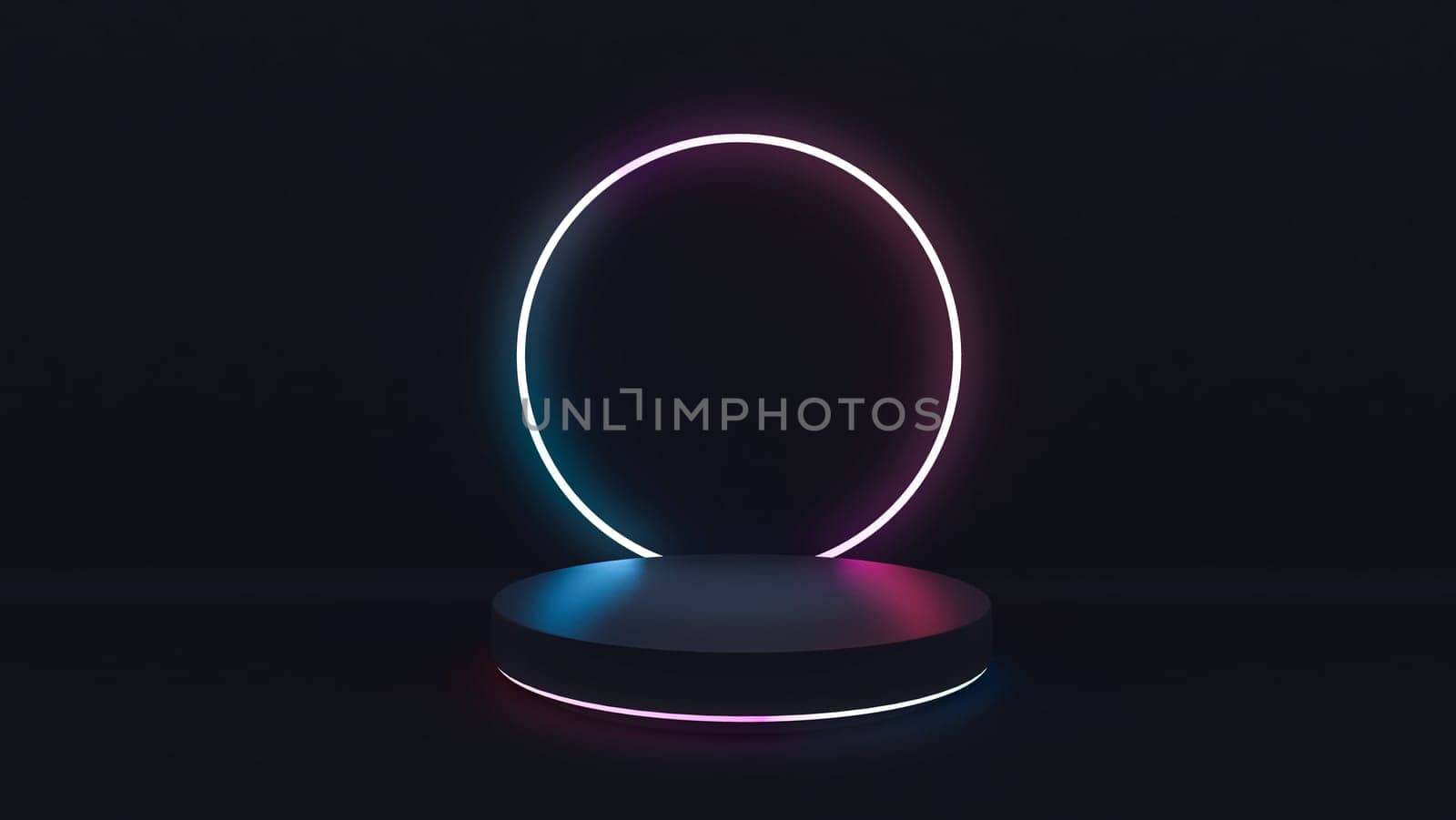 Product display area concept created with concrete cylinder product platform and red, blue, purple neon circular rings on black floor and wall 3D rendering