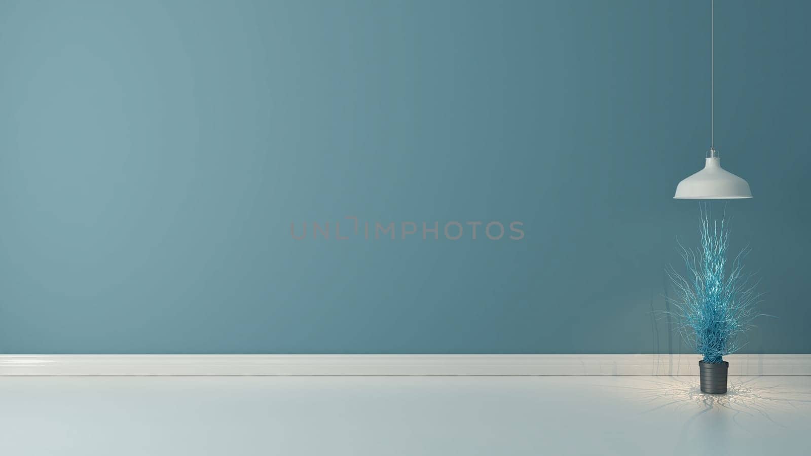 Empty room with light blue wall, black vase, dry blue plant, white metallic pendant lighting and white wooden floor 3d rendering