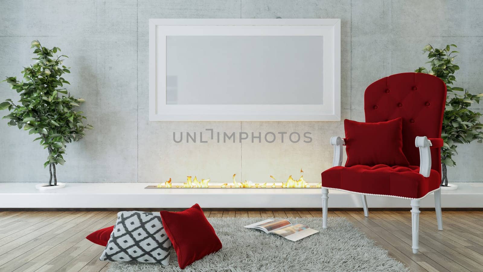 Red single seat and modern fireplace design concept in room lined with concrete wall and wooden parquet interior design background 3D rendering