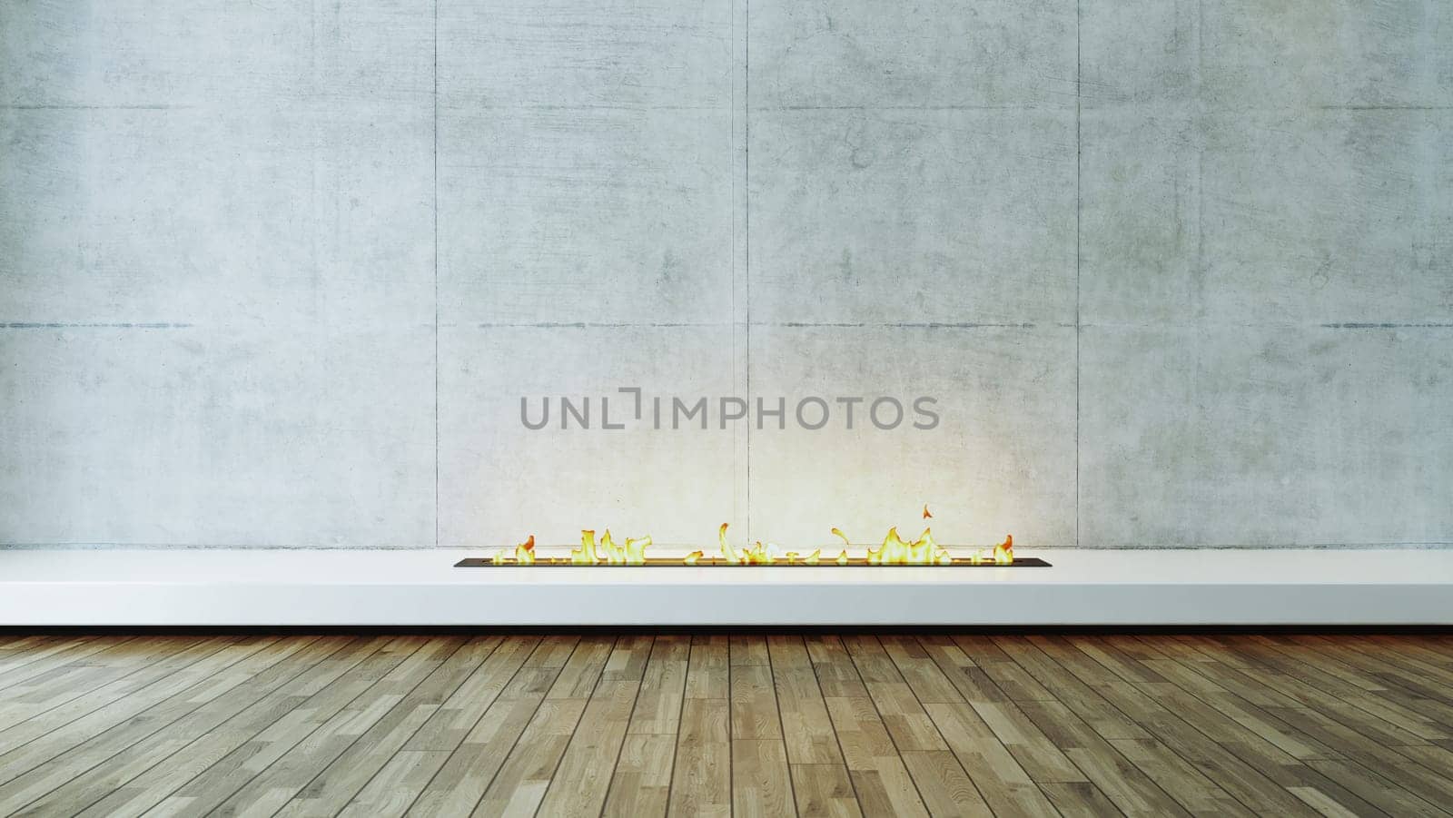 Modern fireplace design idea with concrete wall and wood parquet veneer flooring for home and office place. 3D rendering