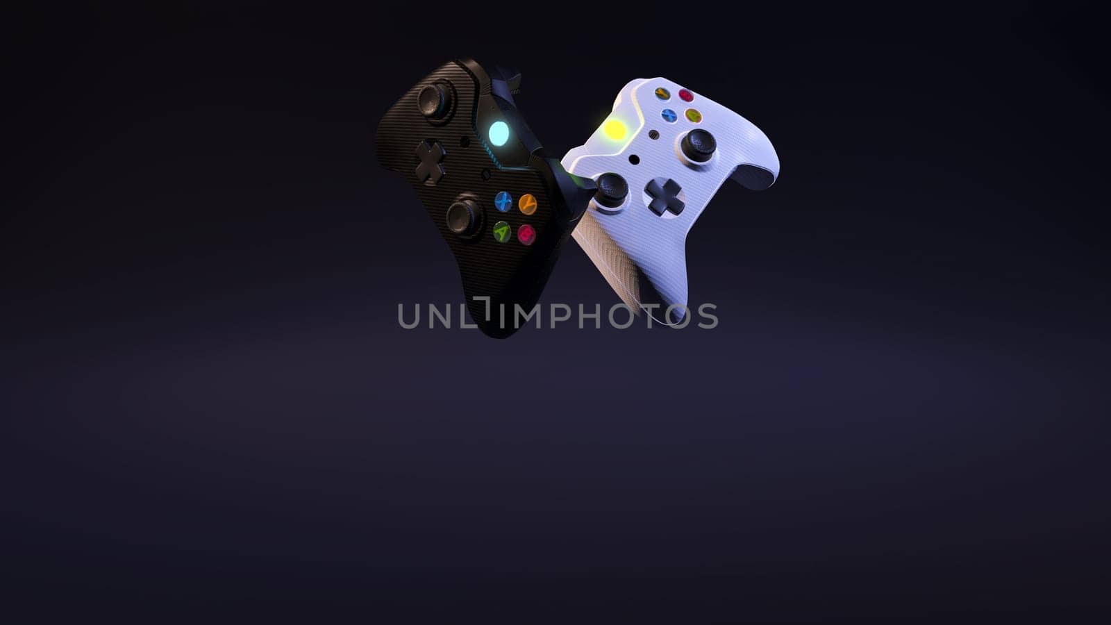 Game competition. White and black joystick with black background under spot light 3D rendering
