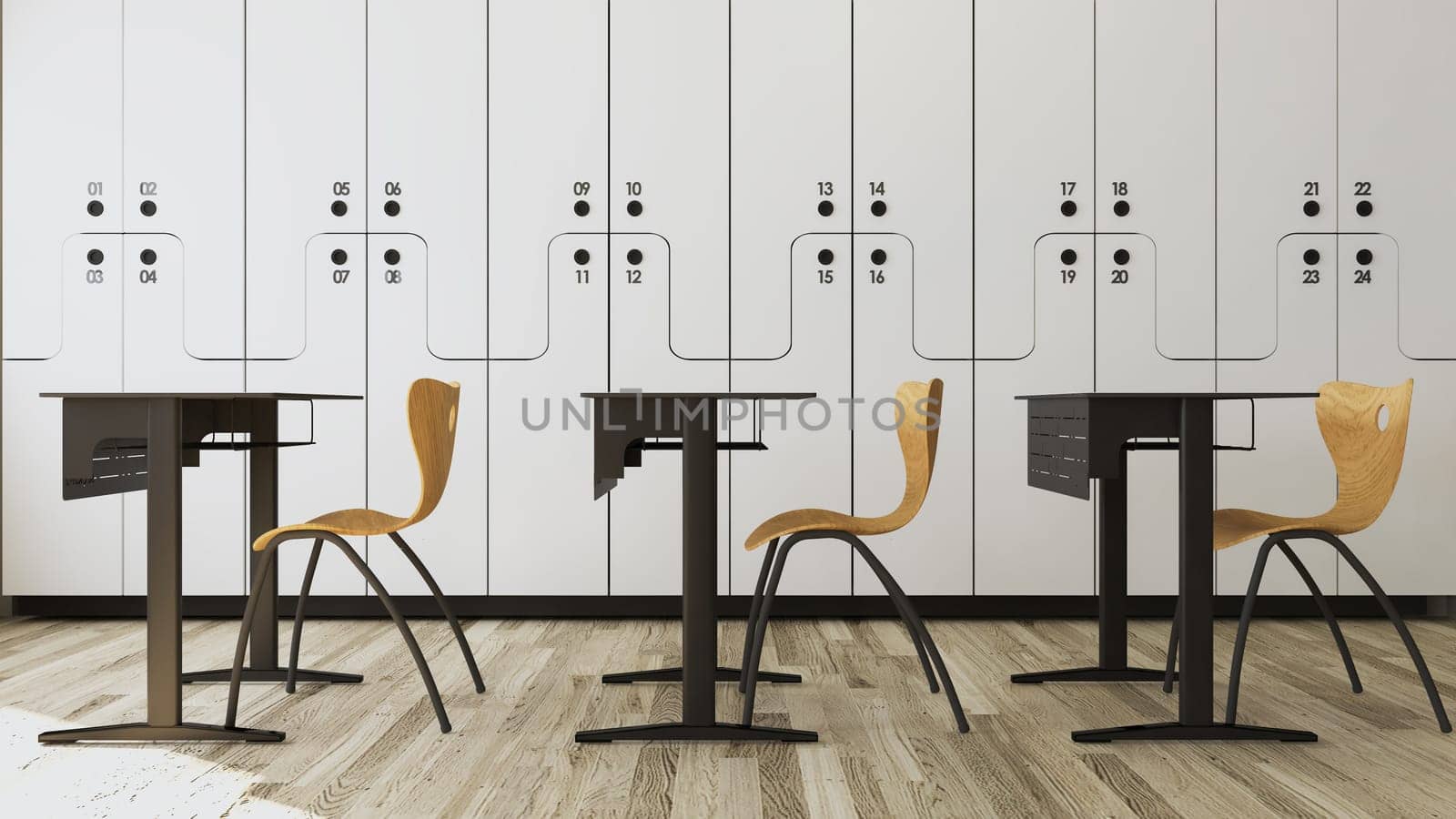 White wooden numbered Student locker in modern empty classroom with wooden chair and desk concept 3D rendering.