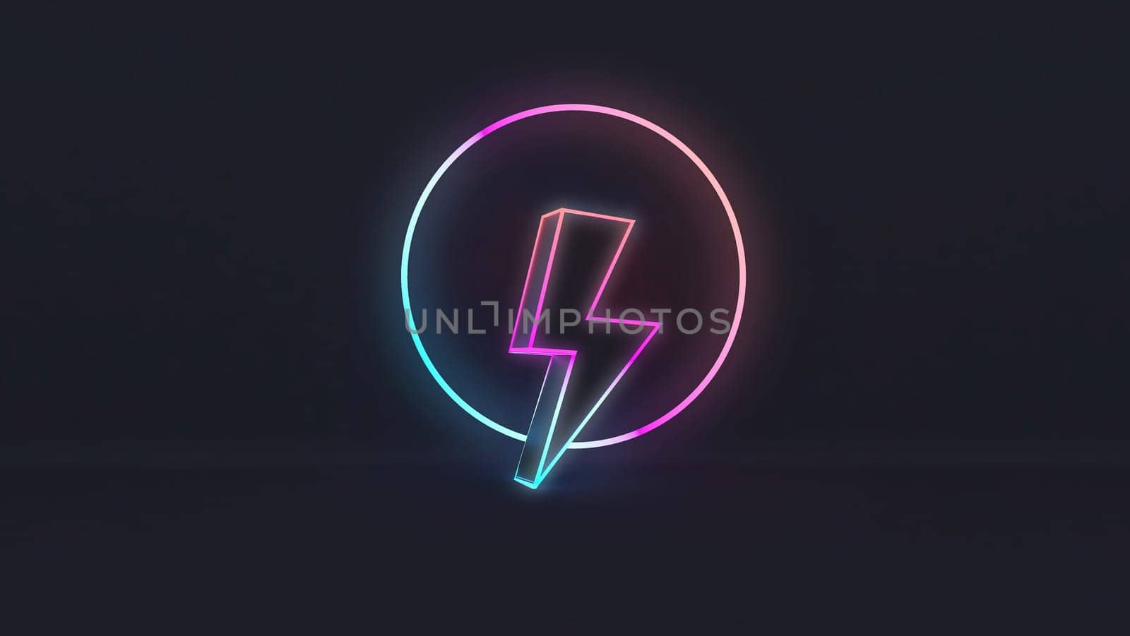 The concept of circle and thunderbolt figures created with colorful neon lighting with dark blue background 3D rendering