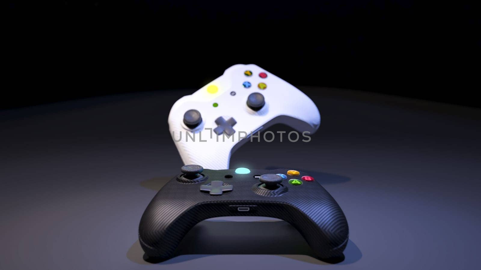 Game competition. White and black joystick with black under spot light background 3D rendering