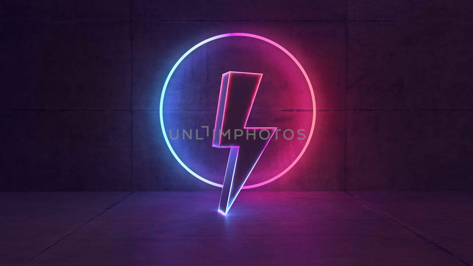 The concept of circle and thunderbolt figures created with colorful neon lighting with dark concrete wall background 3D rendering