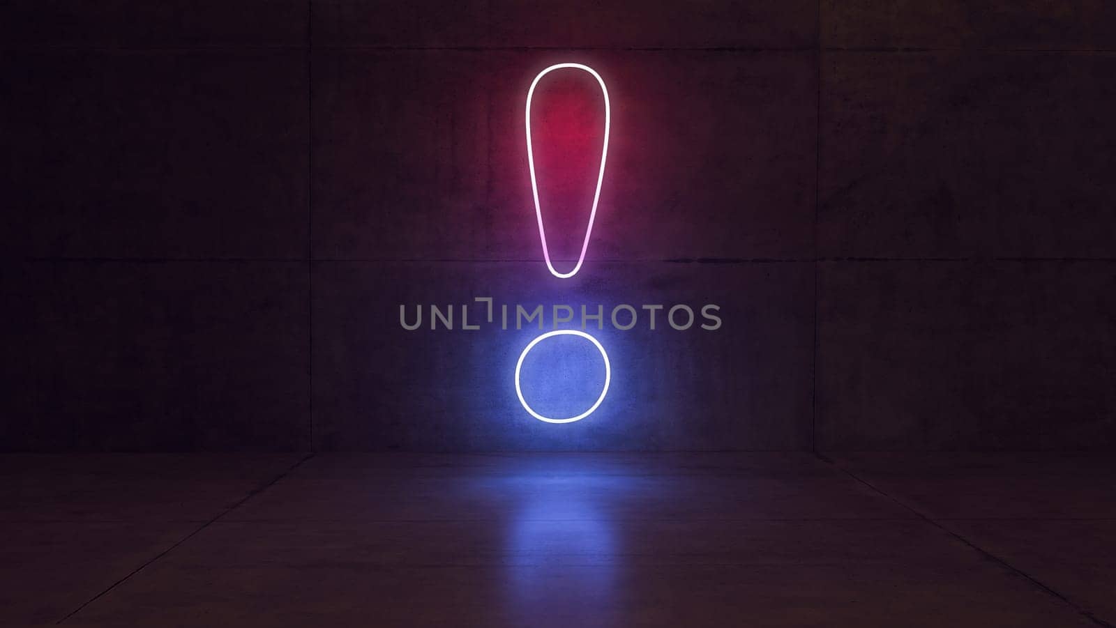 The concept of exclamation mark created with colorful neon lighting with dark concrete wall background 3D rendering