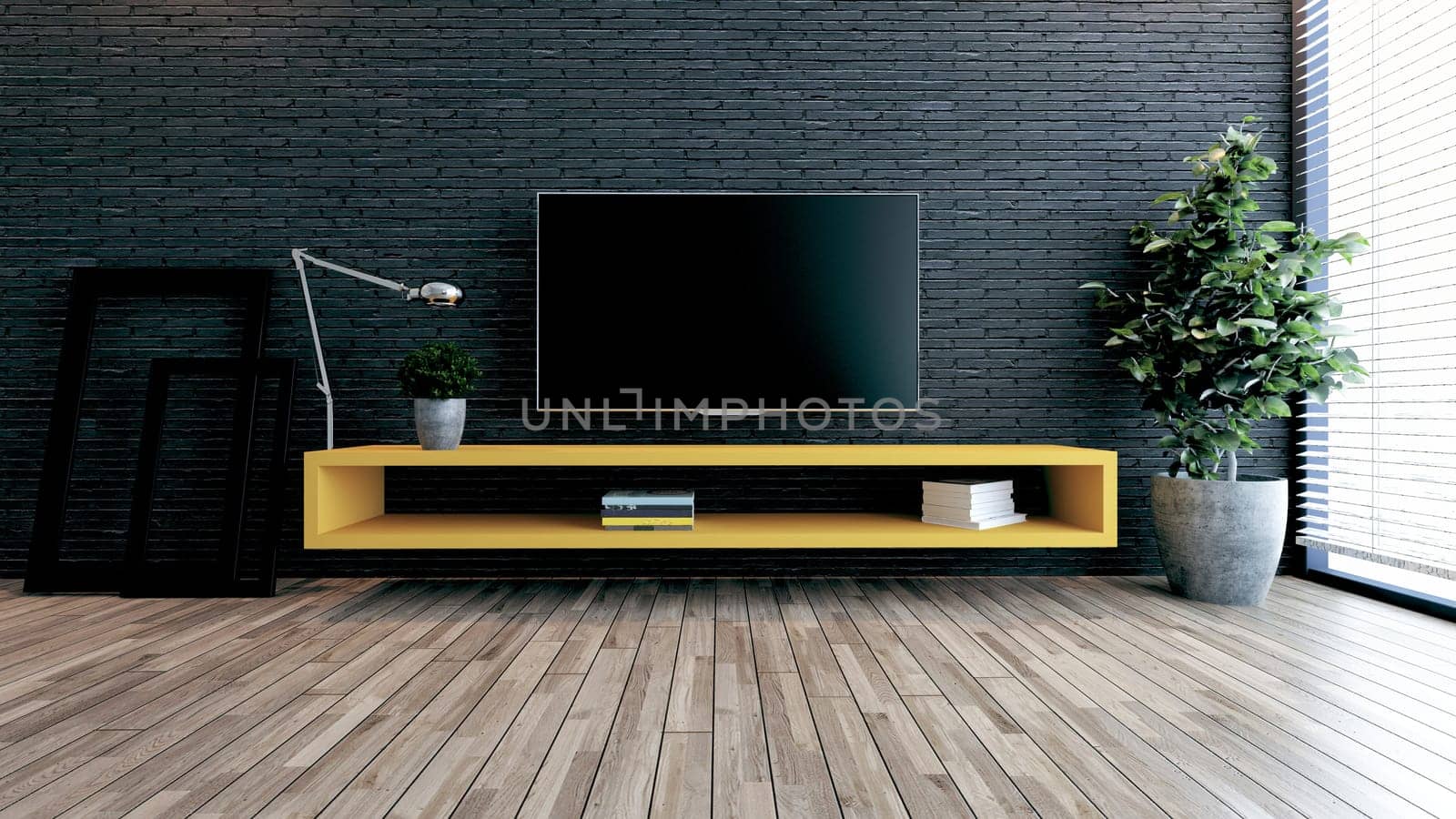 Minimalist design tv space for modern office or homes. Thought design idea with black brick wall, photo frames, table lamp and plant 3D rendering