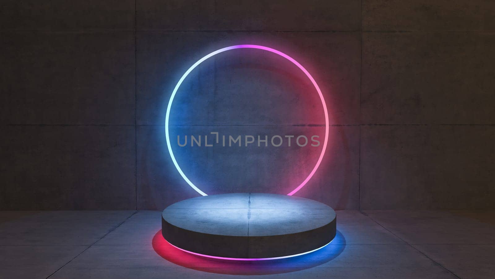 Product display area concept created with concrete cylinder product platform and red, blue neon circular rings on concrete wall 3D rendering