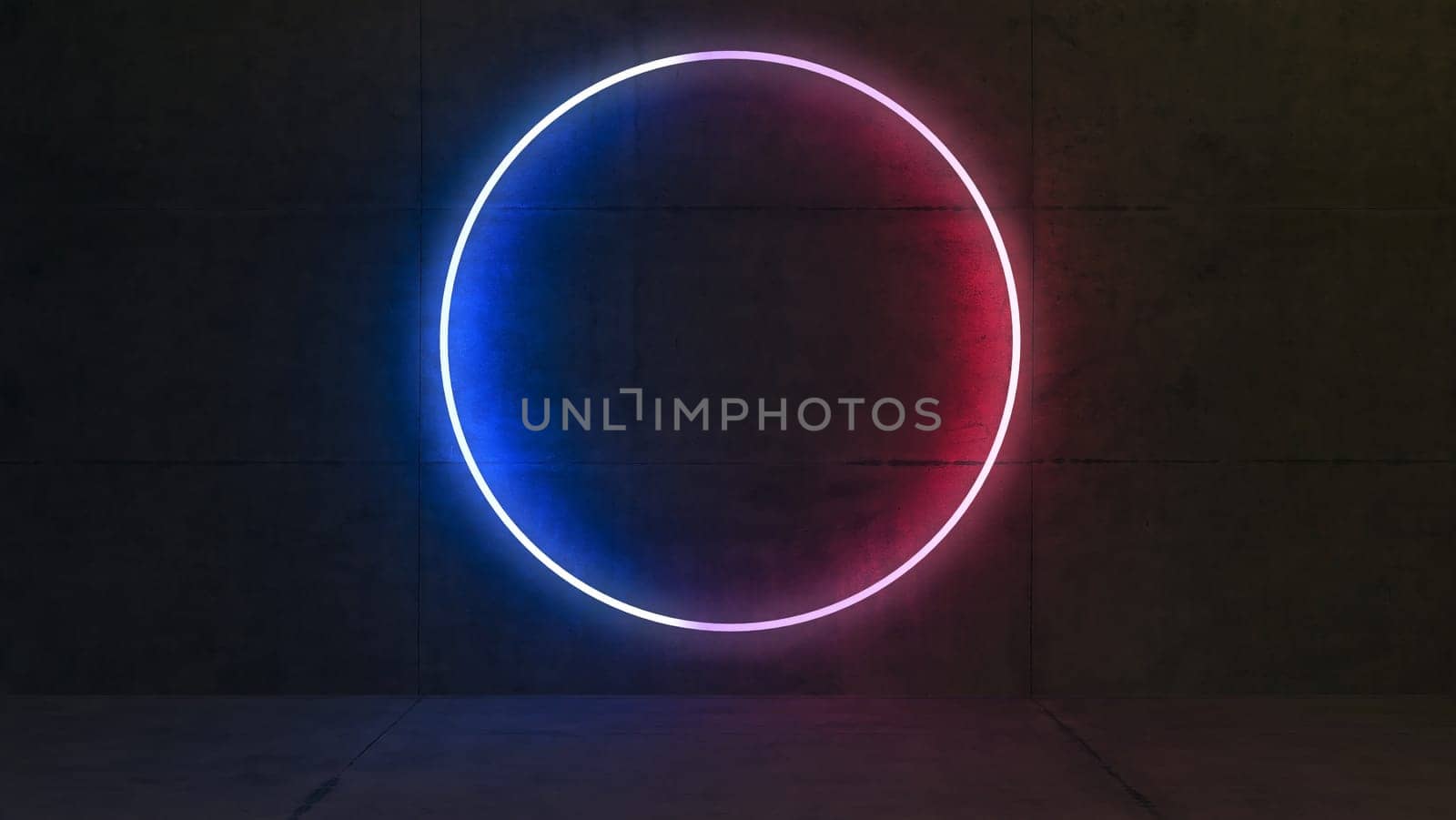 Product display area concept created with neon circular rings on concrete wall 3D rendering