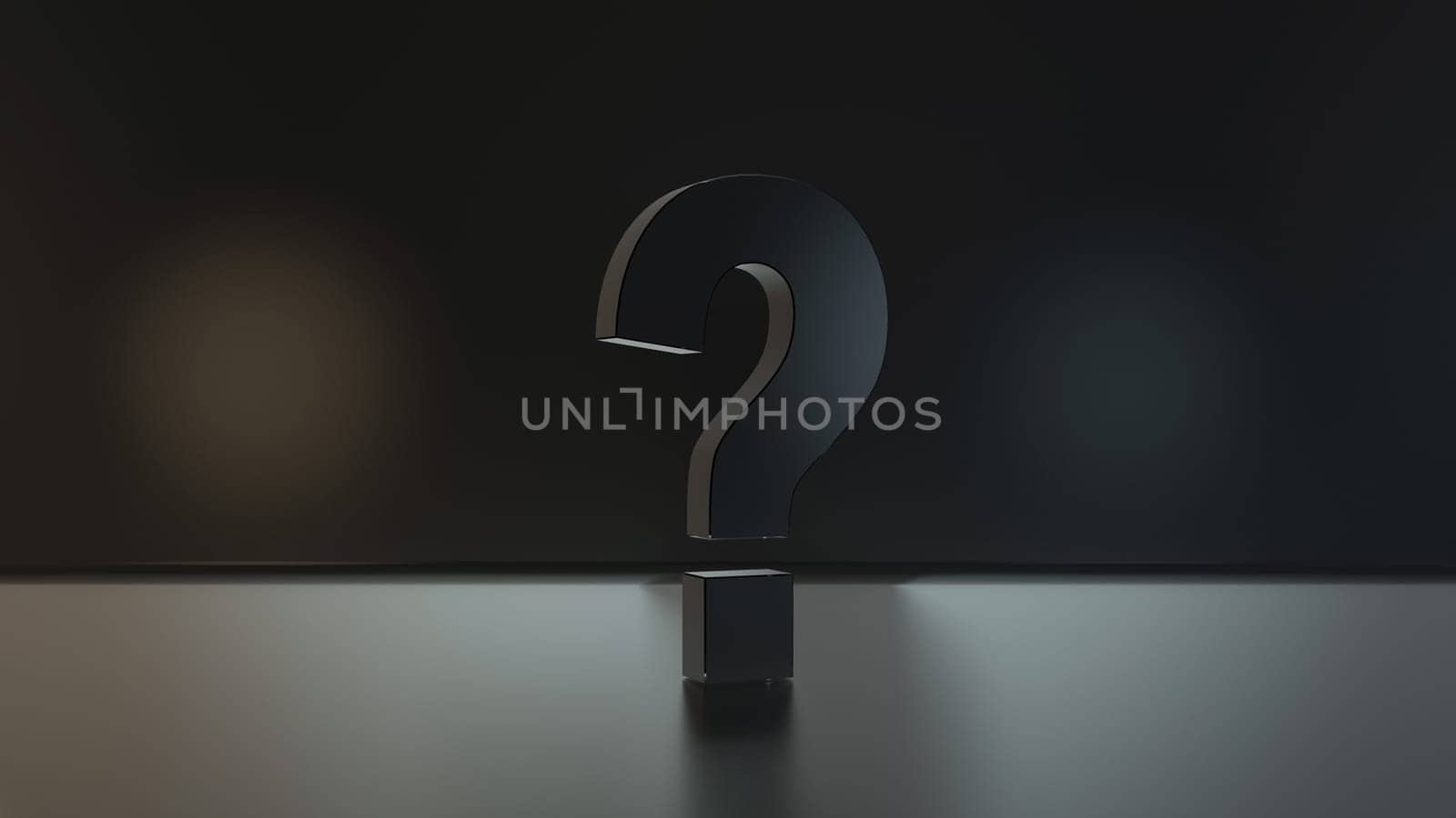 Black question marks under spot light concept in dark empty room realistic abstract background 3D rendering