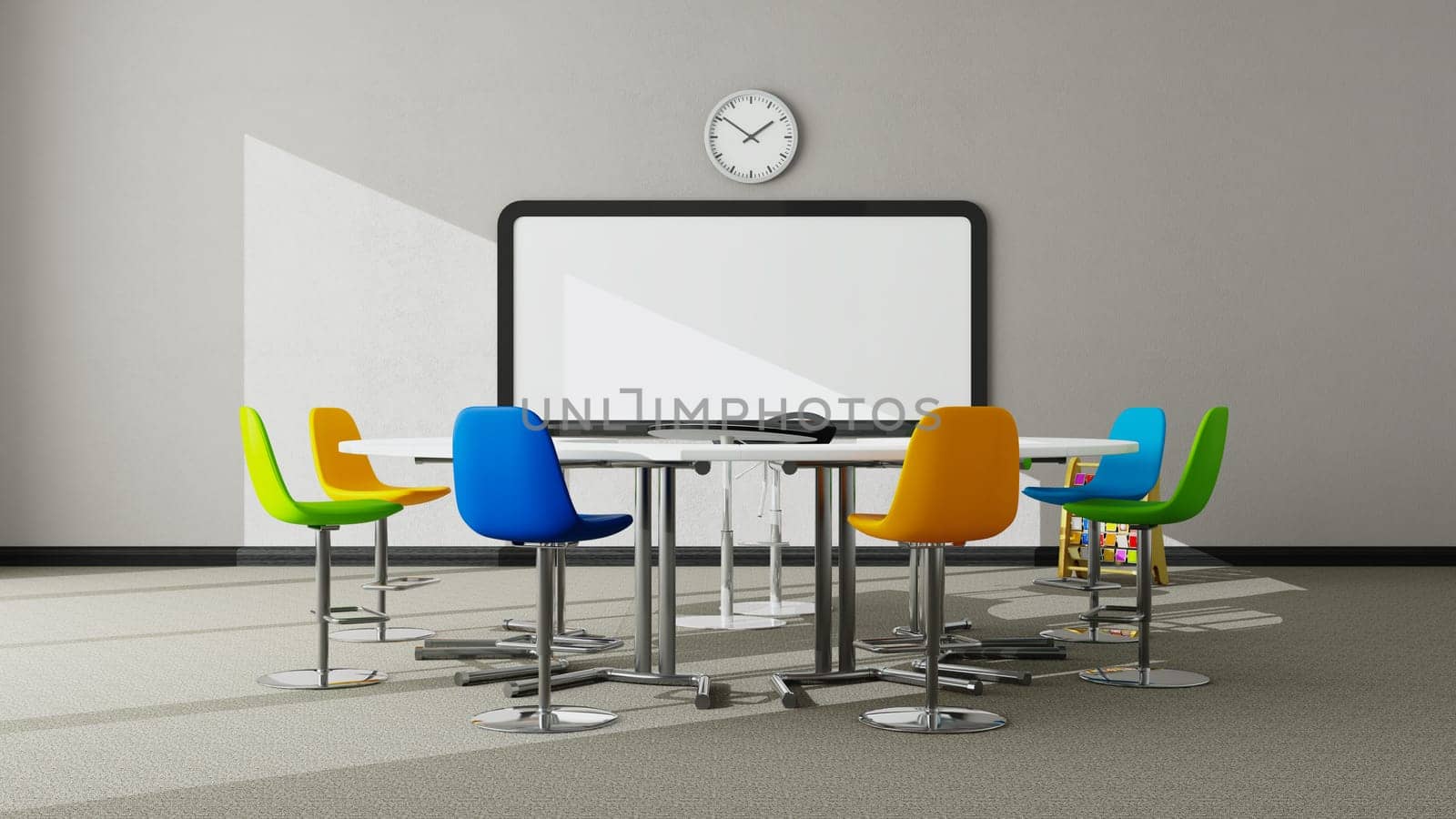 Preschool classroom idea with round table and colorful seat, carpet floor, painting wall and white board concept realistic 3D rendering