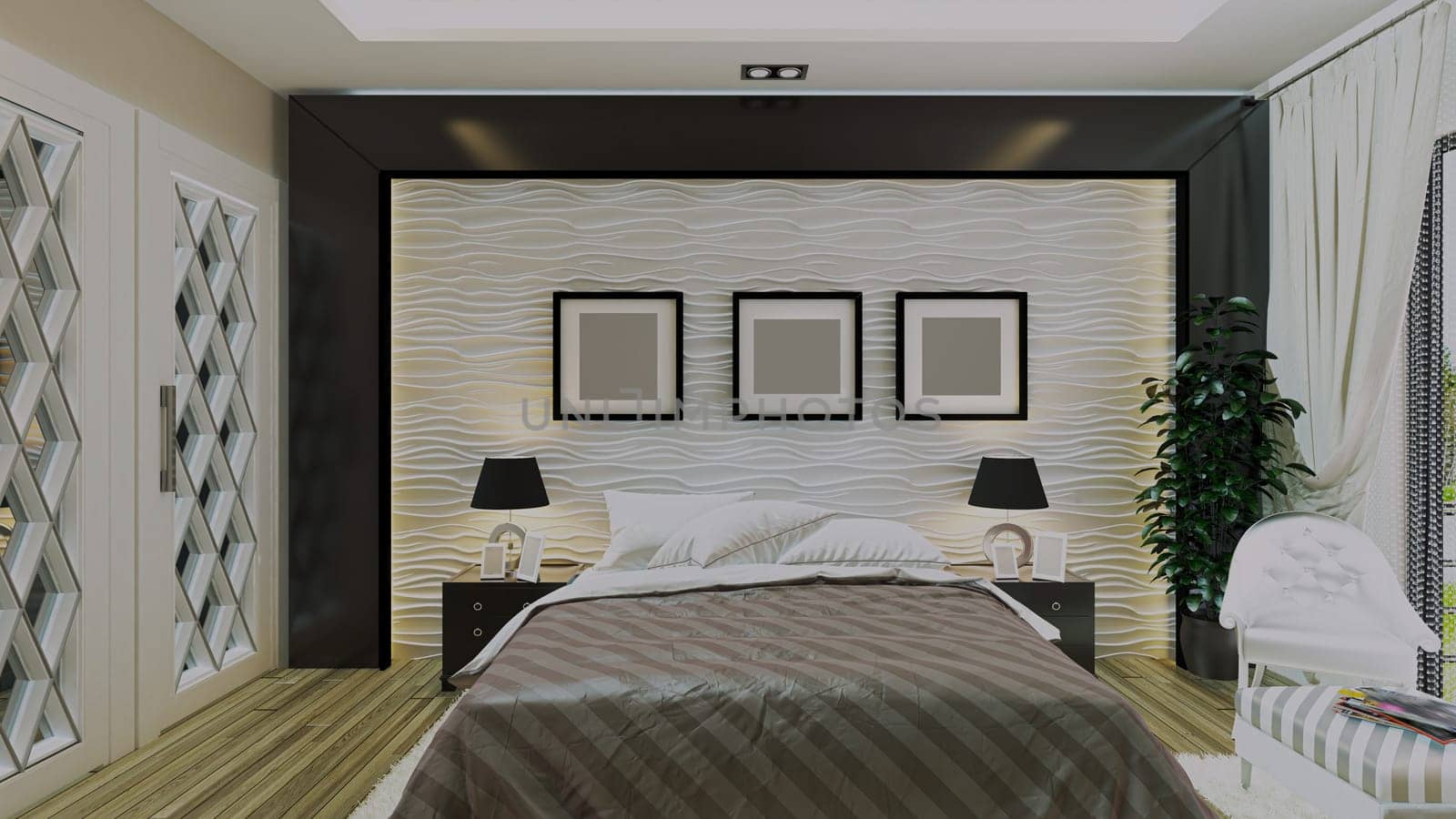 Modern bedroom design with wavy wall and wooden under light effect concept 3d rendering