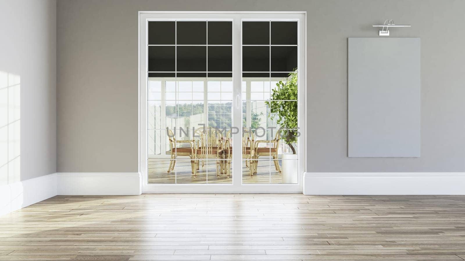 Empty room with balcony, wooden floor and painting wall, canvas frame, pvc door and windows interior concept 3d rendering