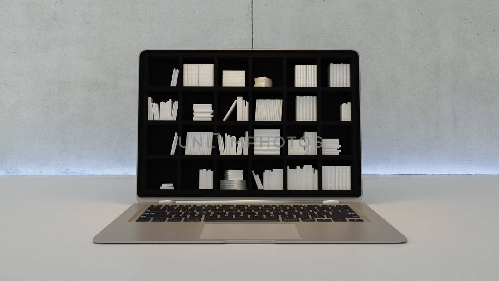 Black bookshelf in laptop screen, online education and search realistic 3D rendering